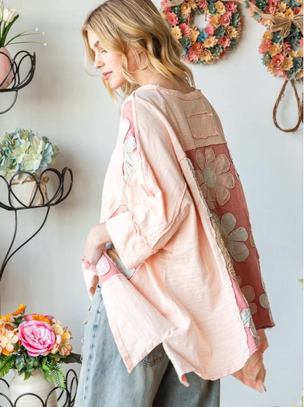 Oli & Hali Women's Peach & Dusty Rose Floral Patchwork Top